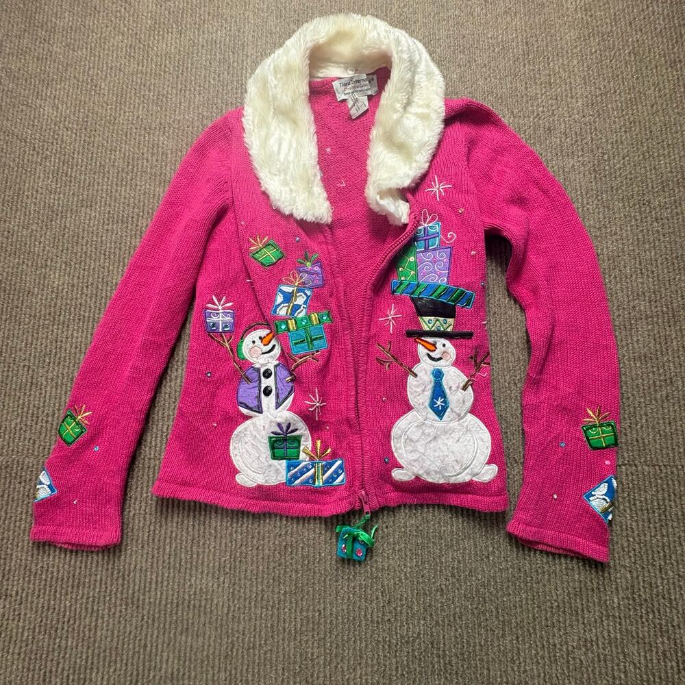 Vintage Tiara International Christmas Collection Fuchsia Sweater Snowmen Small